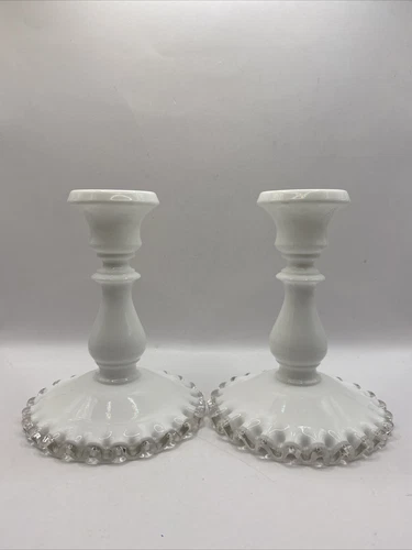 Fenton Milk Glass Silver Crest Candle Holders Vintage Set of 2