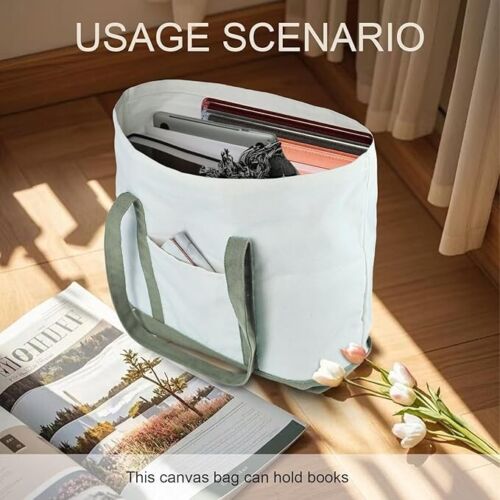 Canvas Tote Bag with External Pocket Reusable Grocery Bags Shopping Bags Heavy