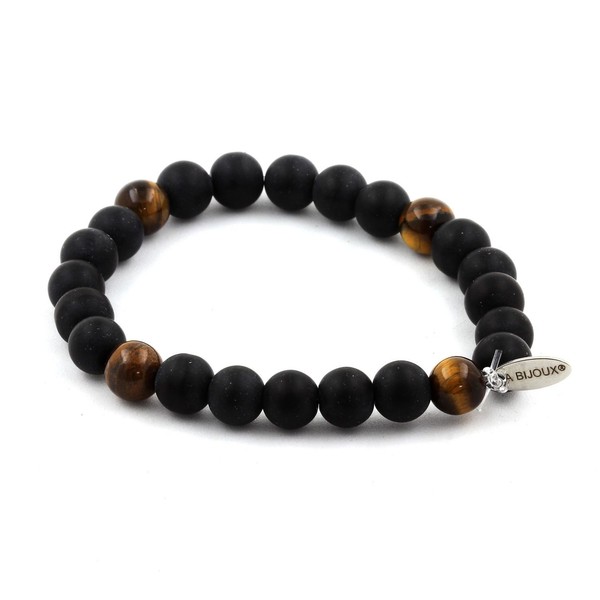 Armband Onyx Matt Schwarz + Tigerauge 8 Mm. Hergestellt In Frankreich.-image
