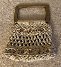 Vintage Handmade Beige Knit Crochet Bag Handbag Tote Purse Double Wooden Handles
