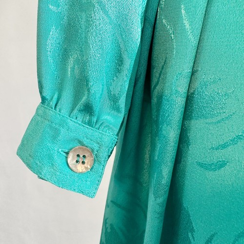 Vintage 80s Leslie Fay Teal Floral Embossed Jacquard Satin Pleated Shirt Dress - Picture 16 of 18