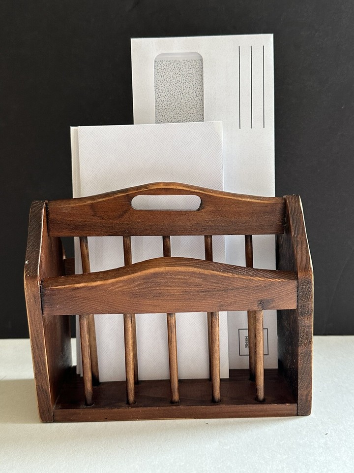 Mid Century wood Desk Organizer Envelope Holder Miniature Magazine Rack ...