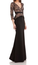 JS Collections 866240 Lace Peplum Bodice Belted Gown SZ 6 Black Illusion Nude
