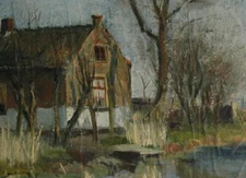 Vintage Impressionist American School Small Work Farmhouse With Pond Landscape