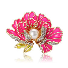 Gold Red Peony Flower Brooch Pearl Enamel Rhinestone Pin Summer Jewelry Gift USA