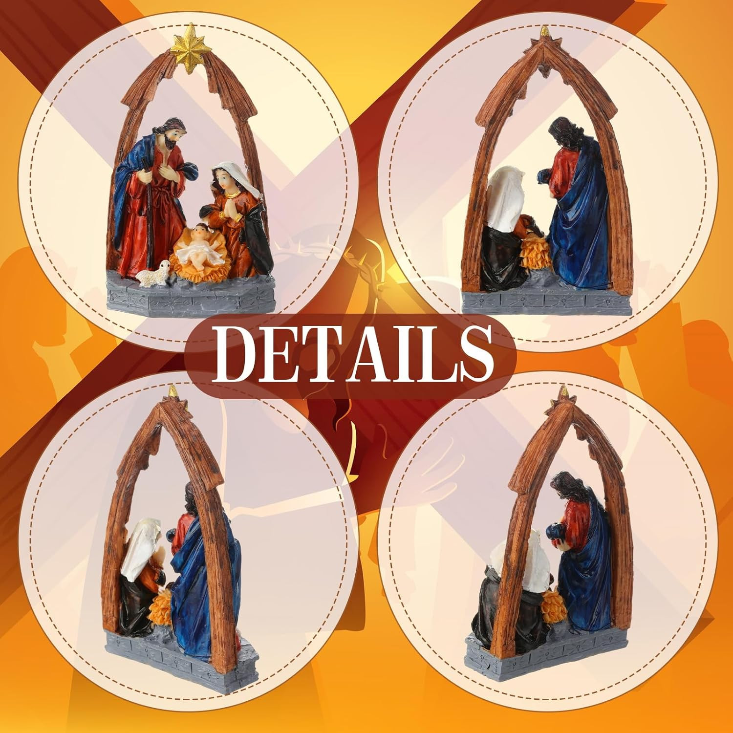 Red Gold Holy Family Nativity Figurine Handcrafted Resin Angel Lamb Set NEW