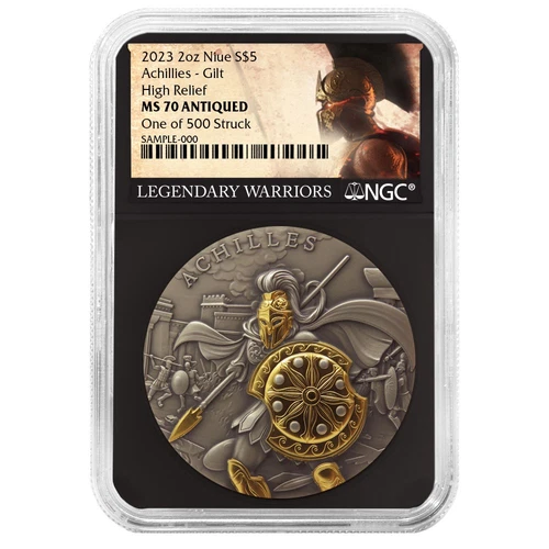 2023 Achilles 2-oz High Relief Silver Antiqued and Gold Gilded NGC MS70 Legen...