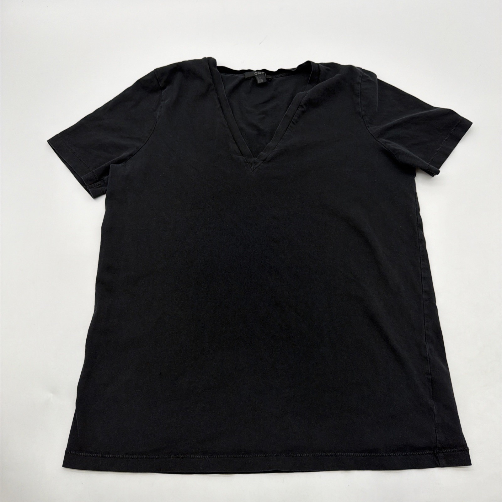 Cos T-shirt Women XS Black Solid V-Neck 100% Cotton.#38968