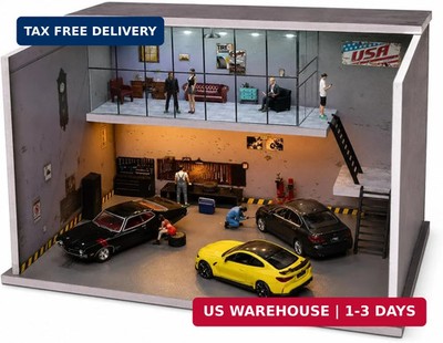 Diorama 1/64 American Garage Model, 3-Color LED 2 Tier Repair Shop Display | 2 T