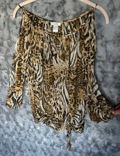 Cach  Women  s 100 Silk Animal Print Blouse Med Gold Brown Beaded Boho Peasant  