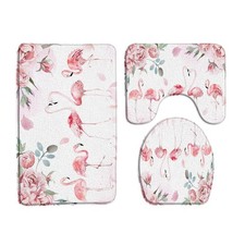 3 Pieces Bath Rugs Flamingo Tropical Animal Birds Rose Flower Green Leaves Wa...