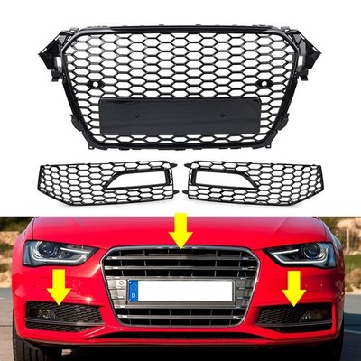 Front Honeycomb Bumper Grille Fog Light Covers Set Fit Audi A4 B8.5 S4 2013-2015