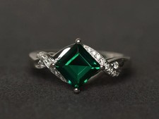 925 Sterling Silver Green Emerald Lab Created Women Ring US Duty Free