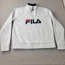 FILA Women 1/4 Zip Sweatshirt Sz M White Logo Embroidered High Neck Long Sleeve