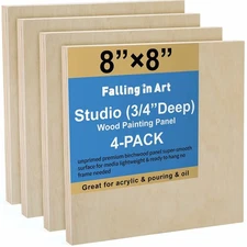 Unfinished Birch Wood Canvas Panels Kit, 4 Pack of 8x8’’ Studio 3/4’’ Deep Cr...