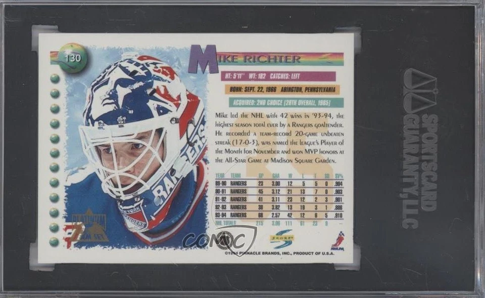 1994-95 Score Platinum Team Set Mike Richter #130 SGC 92 - Image 2 of 2