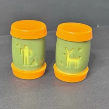 Vintage Salt & Pepper Shaker Set Green Orange Native American Hunter & Deer EUC