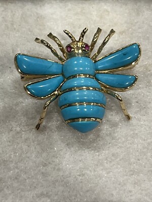 14k  Turquoise Bee Brooch With Ruby Eyes