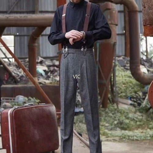 Retro Men's Tweed Herringbone Pants Woolen Casual Business Trousers Slim Fit UK - Picture 9 of 23