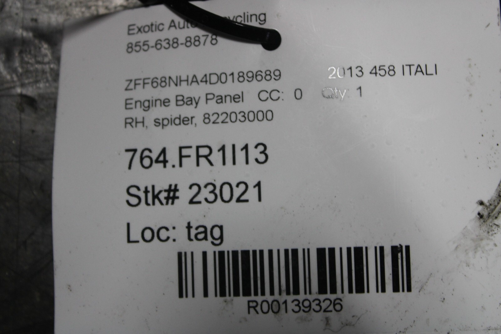 Ferrari 458 Spider, RH, Right, Engine Bay Panel, Used, P/N 82203000
