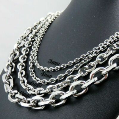 6/10mm Men's Chain Silver Tone Stainless Steel  Rolo Link Necklace 18-36''