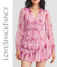 LoveShackFancy Madina Silk-Blend Tiered Floral Mini Dress in Pink sz 8  $495