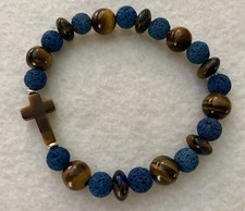Mens Christian Tiger Eye  Lava Stone Bracelet w/Tiger Eye Cross 8.5  Length