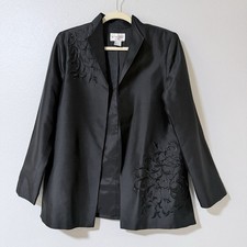 Victor Costa Women  s Black Silk Dupioni Blazer Sz M Beaded Embroidered
