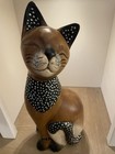 Whimsical Cat Wood Carved Figure Primitive Folk Art Decor Studded Metal — photo 1