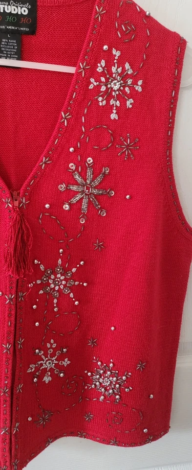 Vintage Christmas Sweater Vest Cardigan Womens L Large Red Snowflakes Beadsled - Image 3 of 4