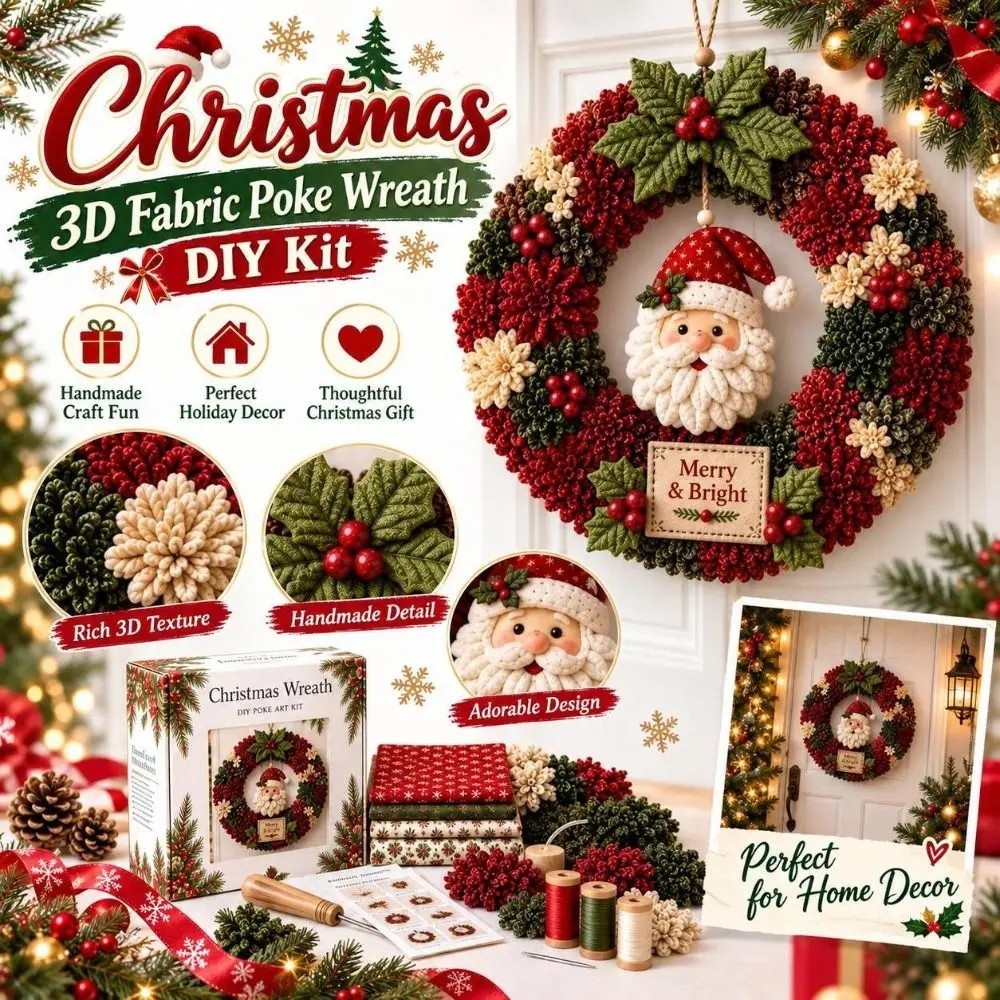 3D Fabric Poke Wreath DIY Kit, Unique No‑Sew Christmas Fabric Poke Art Craft Kit