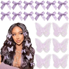 18PCS Bow Hair Clips Purple Lace Embroidery Butterfly Y2K 