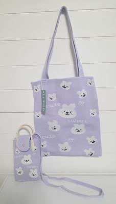 LA MAREY Cute Purple/White Bunny Animal Print Shoulder Tote Bag and Pouch
