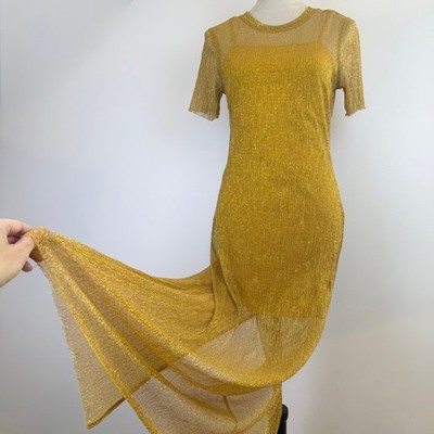Audrey Parks X Francesca's Gold Metallic Mesh Overlay Chic Maxi Dress Slit Sz Sm