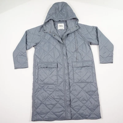 Zara Damen Steppmantel Gr. M Grau Kapuze extra lang Übergangsjacke Steppjacke - Bild 1 von 4