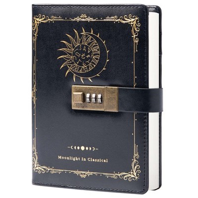 Constellation Leather Journal with Lock, Zodiac Moon Sun Diary for Writing, B...