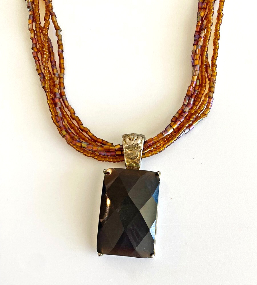 Vintage Beaded Iridescent Pendant Necklace Brown Faceted Glass Stone 5 Strand