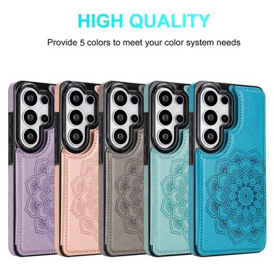 Double button Mandala pattern Phones Case with Card Holder, PU Leather Kickstand