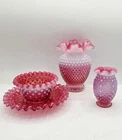 Set of 4 Fenton Hobnail Cranberry Opalescent Crimped 2 Vases Finger Bowl & Plate