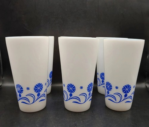 Six Vtg Hazel Atlas Hazelware Blue Cornflower Daisy Milk Glass Tumblers - Picture 3 of 9