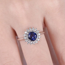 2ct Lab-Created Round Blue Sapphire Stylish Floral Halo Ring White Gold Plated