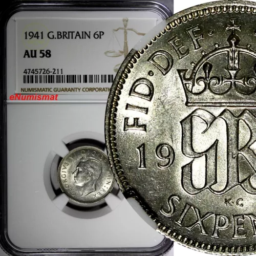 GREAT BRITAIN George VI Silver 1941 6 Pence NGC AU58  KM# 852  (211)