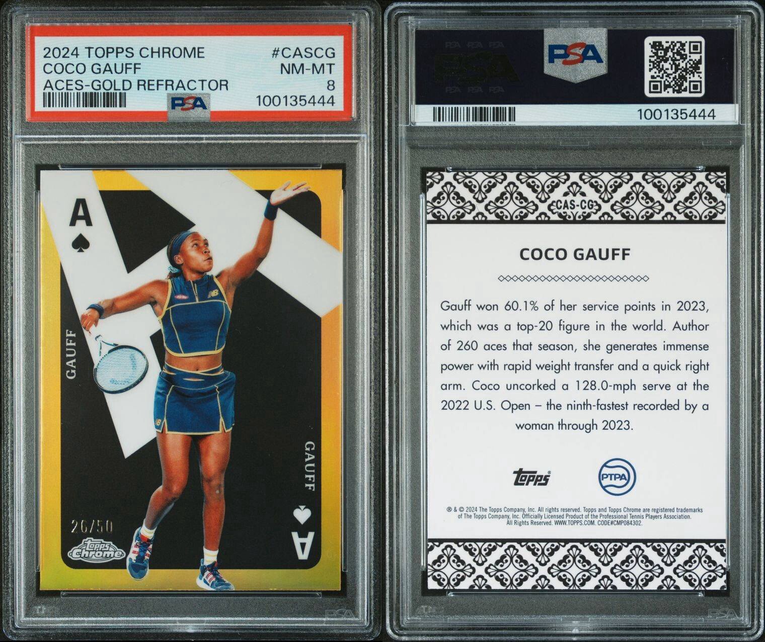 2024 Topps Chrome Tennis Coco Gauff #/50 Aces Gold Refractor #CAS-CG PSA 8 view 3