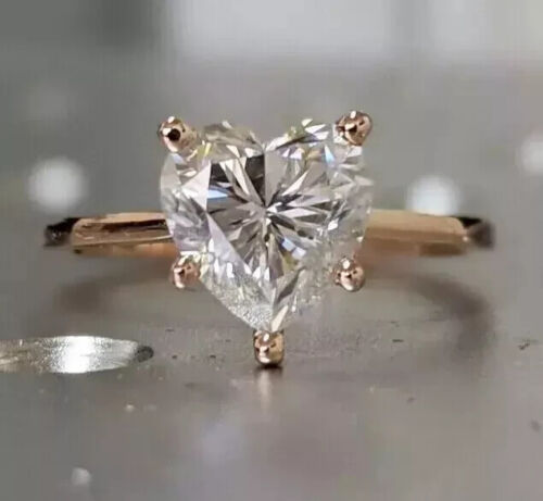 3.00Ct Heart Cut Real Moissanite Solitaire Engagement Ring 14K Rose Gold Plated