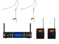 UHF Dual Wireless Headset Mic System Receiver 2 Beltpack 2 Earset Headworn Mics