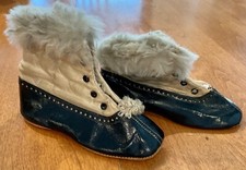 ANTIQUE VICTORIAN LTHR SILK FUR SIZE 3 BOOTS SHOES FOR LITTLE ONE/DOLL