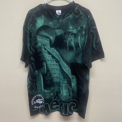 Puerto Vallarta Mexico Shirt Mens XL Y2K AOP Pyramids Aztec Space Aliens Yazbek