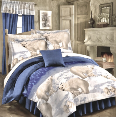 POLAR BEAR Arctic Cabin LODGE Blue Comforter Set +Sheets (6-8pc Bed In A Bag)