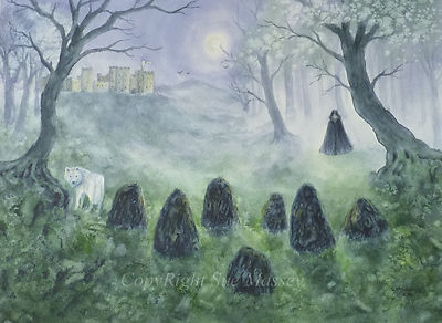 Fantasy Gemälde Aquarell Wald getarnte Figur Steine Burg Wolf Mondlicht