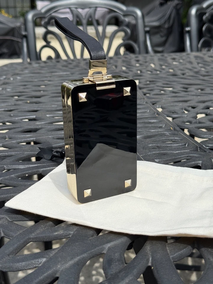RARE VALENTINO GARAVANI MINI BLACK BOX CLUTCH W/ GOLD ROCKSTUDS & LEATHER STRAP - Image 2 of 4